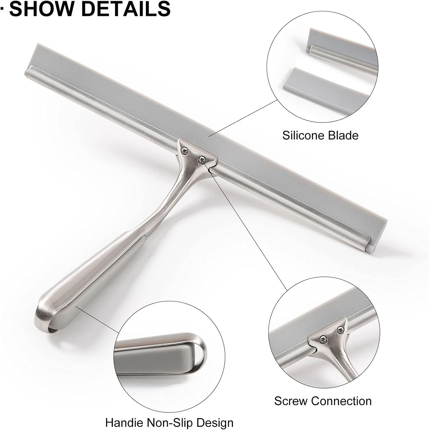 Ettori Shower Squeegee Clear Glass Wall Cleaner Stainless Steel with Suction Storage Hook -10'', Chrome