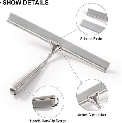 Ettori Shower Squeegee Clear Glass Wall Cleaner Stainless Steel with Suction Storage Hook -10'', Chrome