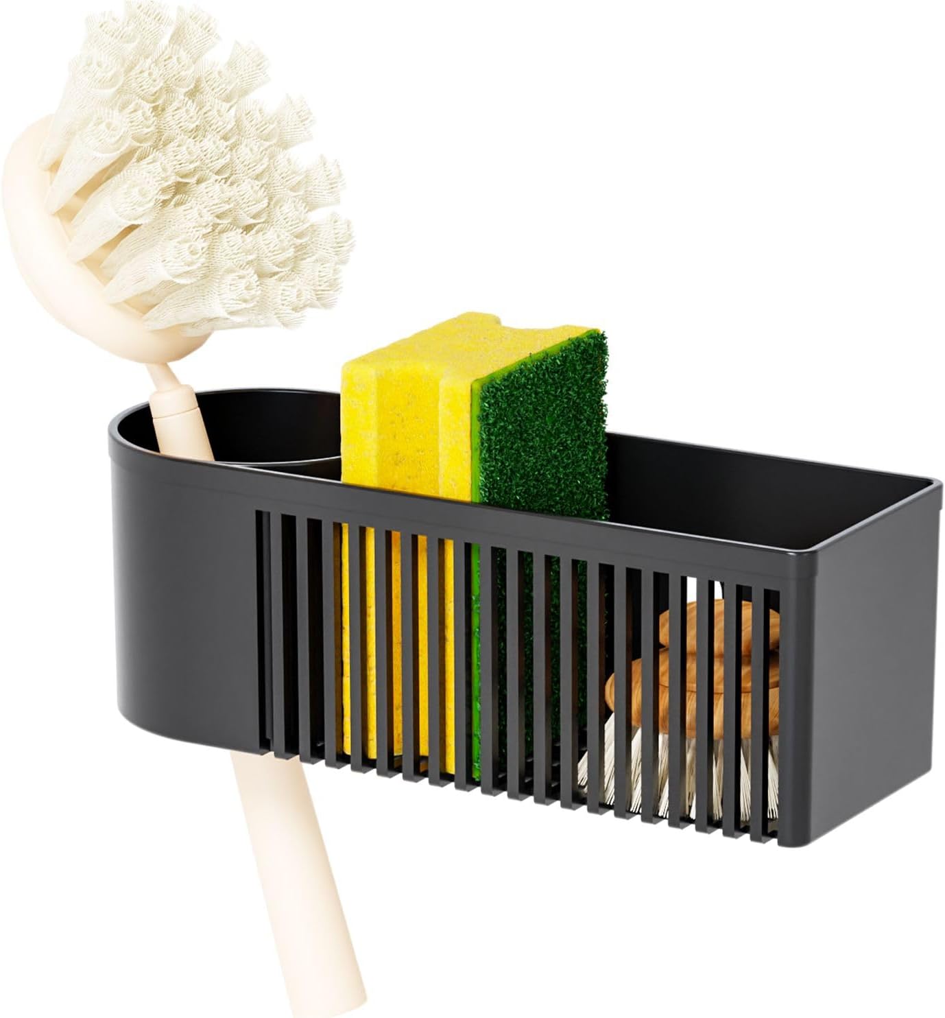 Sink Caddy & Kitchen Sink Organizer,Black Sponge Holder with High Scrub Brush Holder,Plastic Kitchen Countertop Organizer,Multifunctional Sponge Drain Rack,Dish Soap,Dish Sponge Holder,Soap Dispenser
