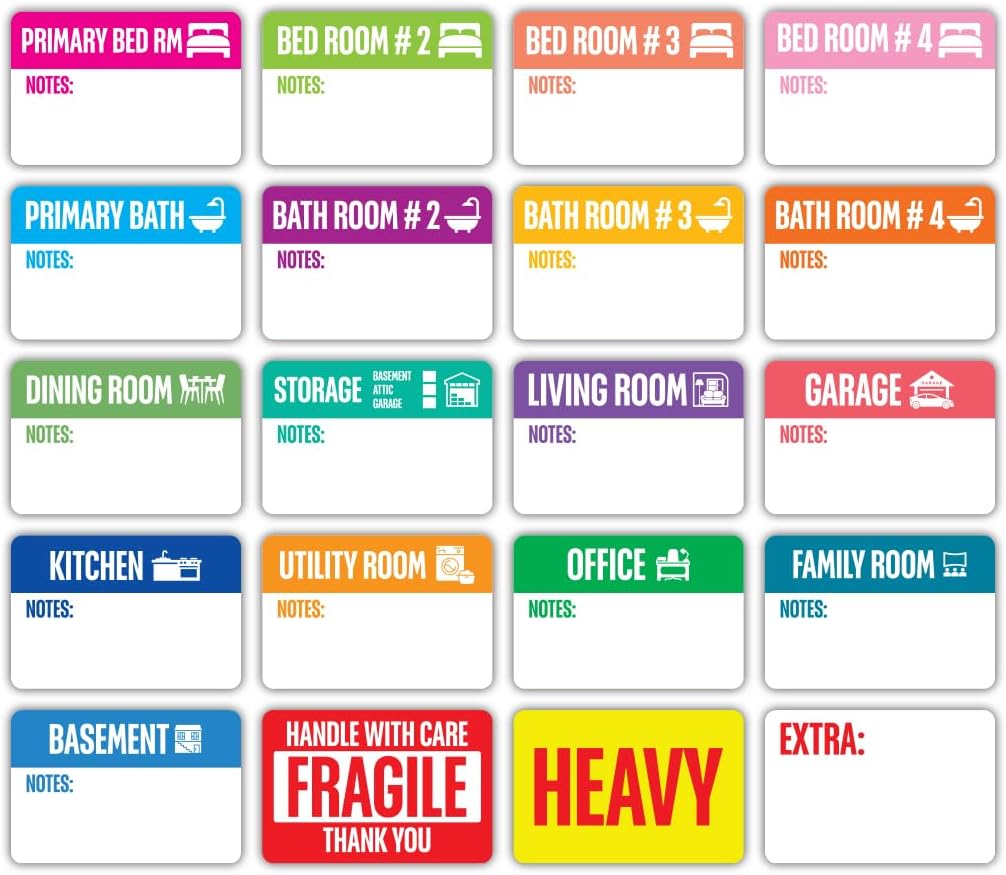 IGNIXIA Color Coded Moving Box Labels, 3x2 Inch, 20 Designs for Rooms, Writable Notes Area, Fragile, Heavy, and Blank Stickers Included