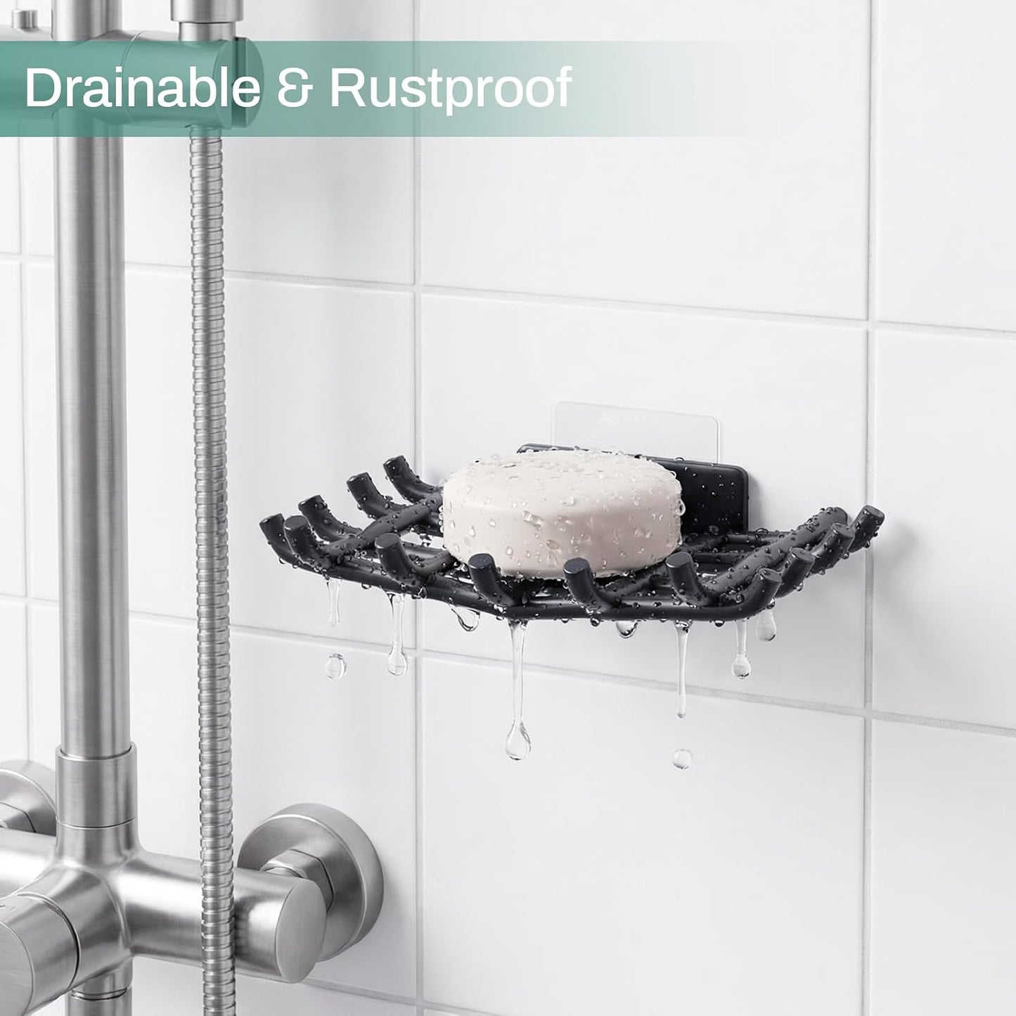 Bar Soap Holder for Shower Wall, Self Draining Plastic Bar Soap Dish Tray Container Case for Bathroom Sink, Adhesive Shower Soap Dish Holder Wall Mounted, Black 2 Pack
