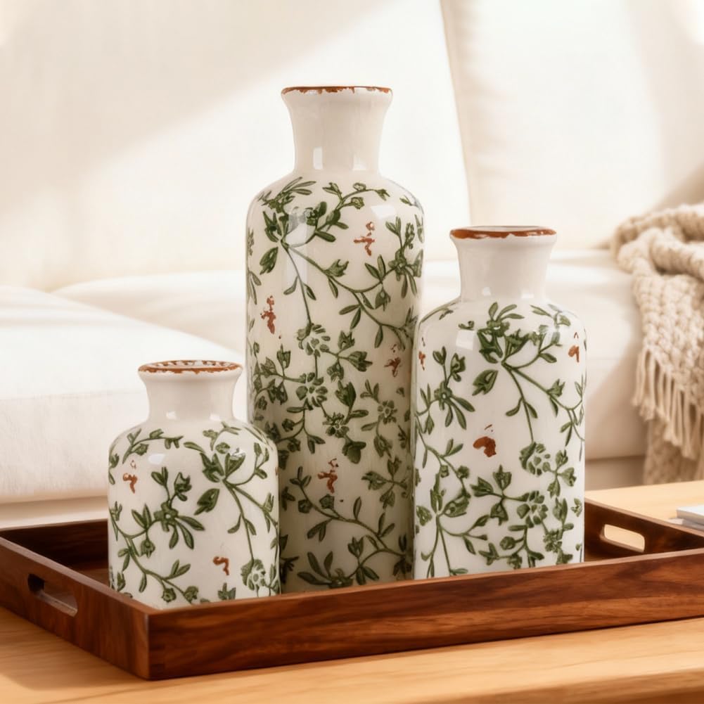 Ceramic Vase Set of 3 – Small Flower Vases, Modern Farmhouse Boho Flower Vases for Home Decor, Rustic Pottery Vases for Centerpieces, Living Room, Shelf, Fireplace, Entryway Decor, Table or Cabinet
