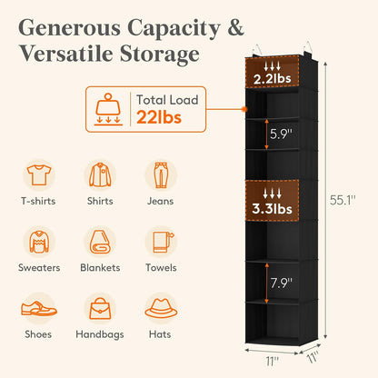 Lifewit 5 Tier Hanging Closet Organizer and Storage for Shelves, Foldable Clothes Shelf with 2 Sturdy Hooks, Sweater/Coat/Shoes Clothing Organization for Wardrobe, Dorm, Bedroom, Gray