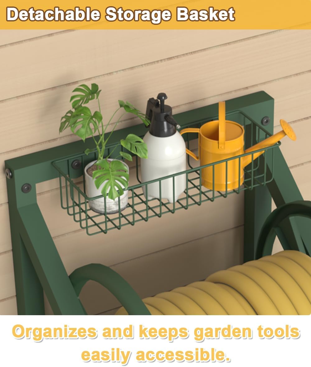 Artigarden Triangle Wall Mounted Garden Hose Reel, Outdoor Heavy-Duty Water Hoses Holder Winder, Holds 125 Ft of 5/8-Inch Hose, with 3.9 ft Leader Hose, Brass Fitting, Storage Basket for Yard, Black