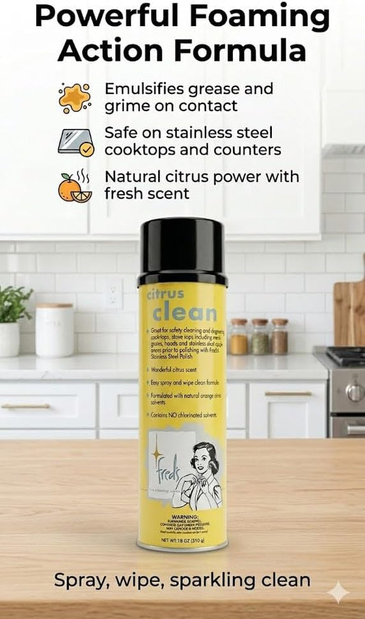 Fred's Citrus Clean Natural Orange Degreaser Spray - Heavy Duty Kitchen Cleaner for Stoves, Grills, Stainless Steel & Multi-Surface - Foaming Formula, Fresh Citrus Scent, 18 oz