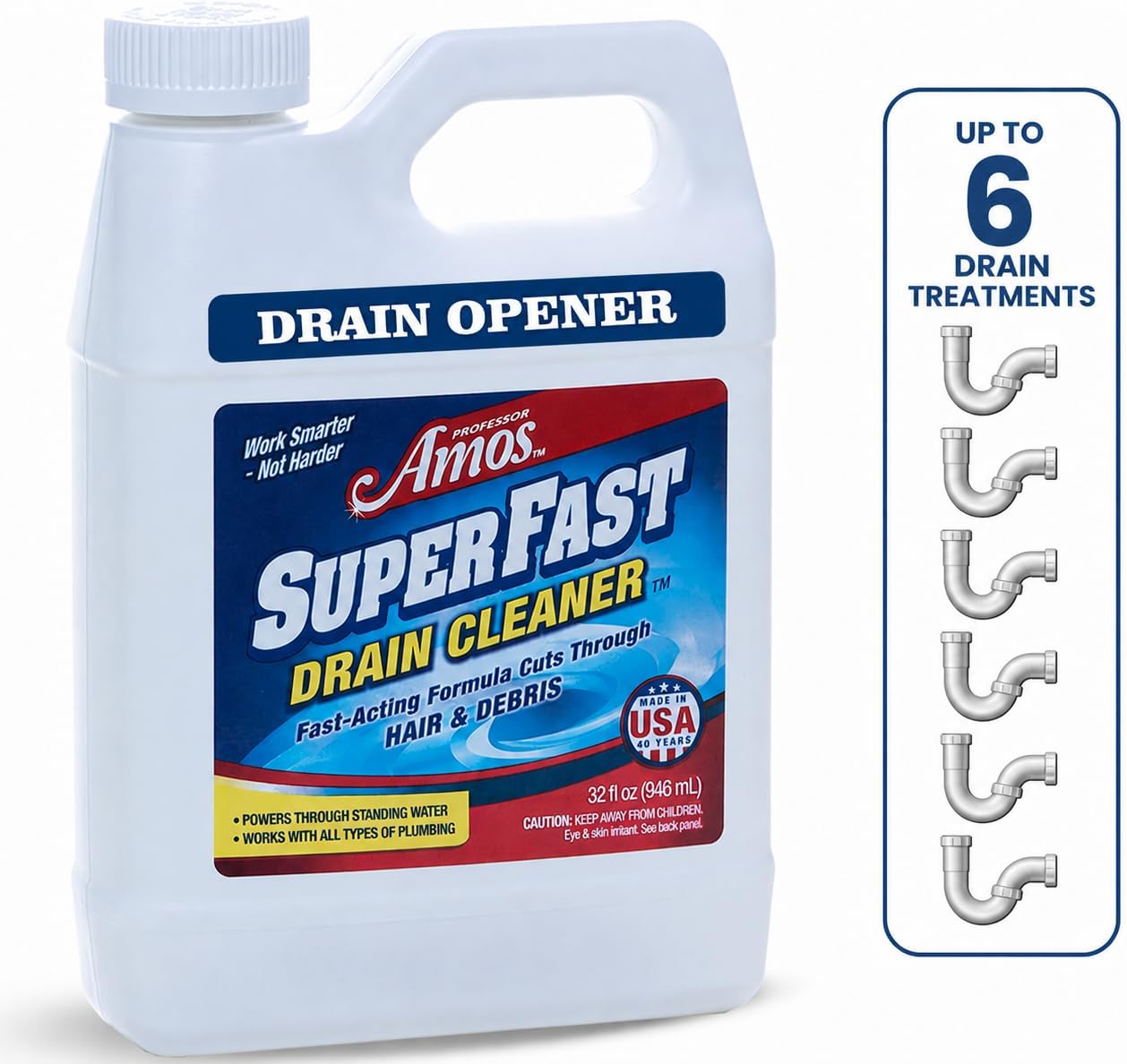 Professor Amos' Superfast Drain Cleaner Dissolve Hair, Grease, Food & Build Up Fast, 4-6 Applications Per Bottle