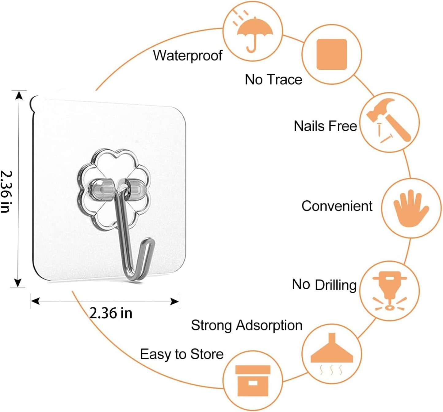 Adove Adhesive Hooks for Hanging, Heavy Duty Wall Hooks 20 Pack, Removable Sticky Ceiling Hooks, Transparent Self Adhesive Shower Hooks, Water & Oil Proof Strong 22lb(Max) Door Coat Hooks