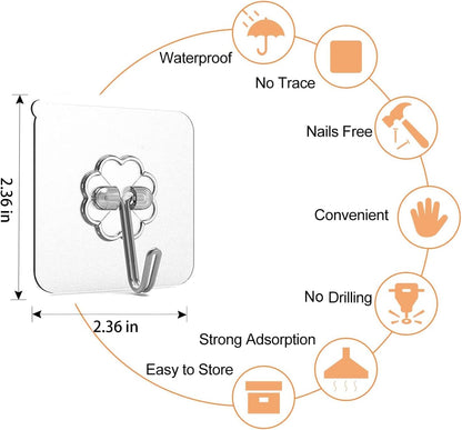 Adove Adhesive Hooks for Hanging, Heavy Duty Wall Hooks 20 Pack, Removable Sticky Ceiling Hooks, Transparent Self Adhesive Shower Hooks, Water & Oil Proof Strong 22lb(Max) Door Coat Hooks