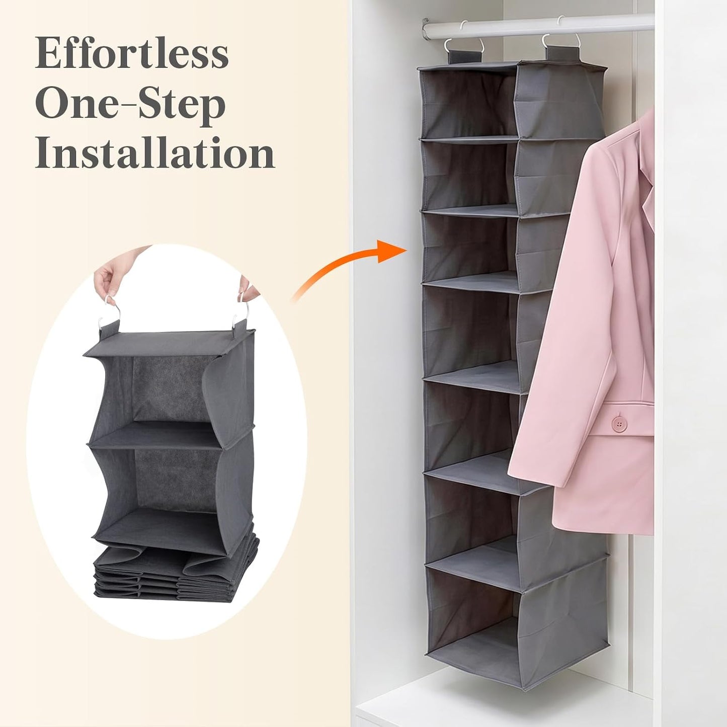 Lifewit 5 Tier Hanging Closet Organizer and Storage for Shelves, Foldable Clothes Shelf with 2 Sturdy Hooks, Sweater/Coat/Shoes Clothing Organization for Wardrobe, Dorm, Bedroom, Gray