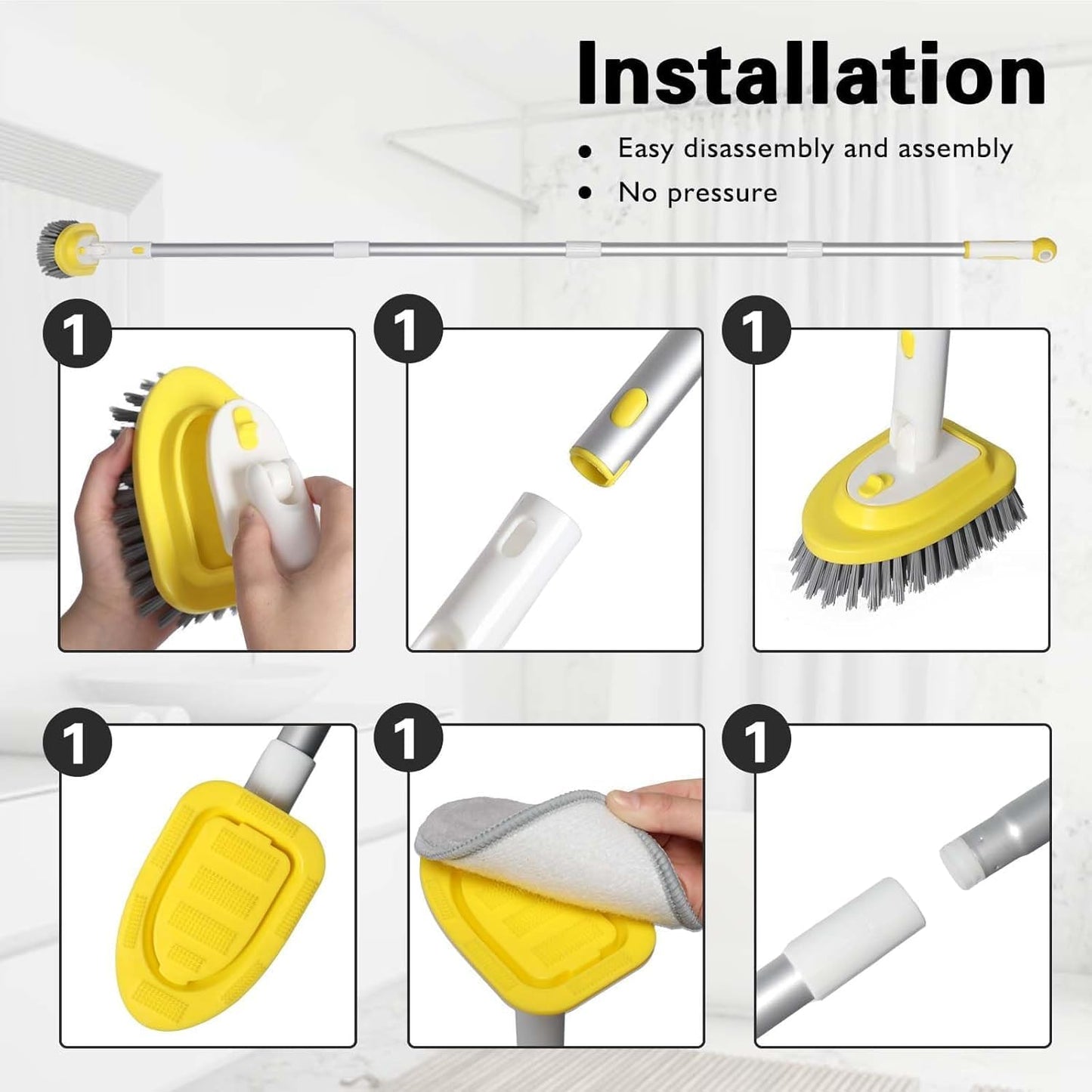 Shower Brush Scrubber with 51" Long Handle,3 in 1 Tub and Tile Cleaning Brush for Cleaning Bathroom Kitchen Toilet Wall Tub Tile Sink Non-Scratch (Yellow)