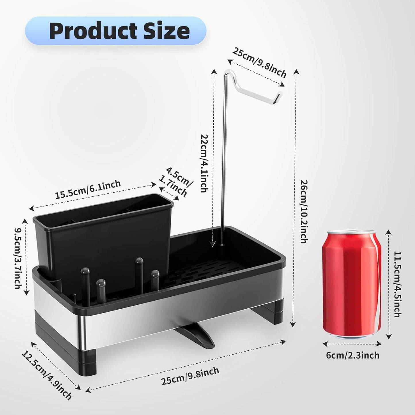 Ewaiira Stainless Steel Sink Caddy, Sponge Holder for Kitchen Sink with Brush Holder and Towel Rack, Sink Organizer for Countertop, Soap Dispenser Kitchen Organizers Storage Essentials (A-Black)