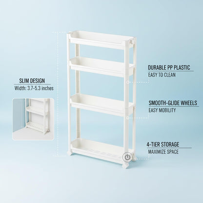Slim Rolling Storage Cart, White | Plastic Utility Organizer, With Wheels, For Narrow Gaps, Kitchen and Bathroom