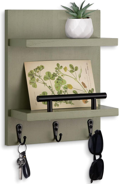 Key Holder Wall Mount, Mail Shelf Decor with 3 Key Hooks, Versatile Wood Wall Organizer for Entryway Hallway (8.2” x 10.6”x 3.6”) (White)