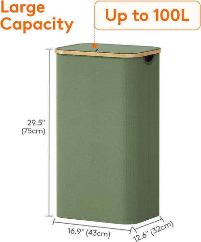 Lifewit 120L Laundry Basket with Lid, Clothes Hampers for Laundry with Bamboo Handles and 2 Removable Bag, Large Foldable Laundry Hamper for Bedroom, Bathroom, Dorm, Laundry Room, Beige