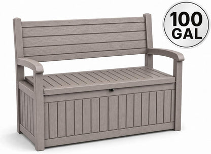 EasyUp 100 Gallon Outdoor Storage Bench, Waterproof Resin Deck Box with Lockable Lid Indoor Outdoor Storage Cushions Furniture Tools for Patio,Garden,and Porch (Beige)
