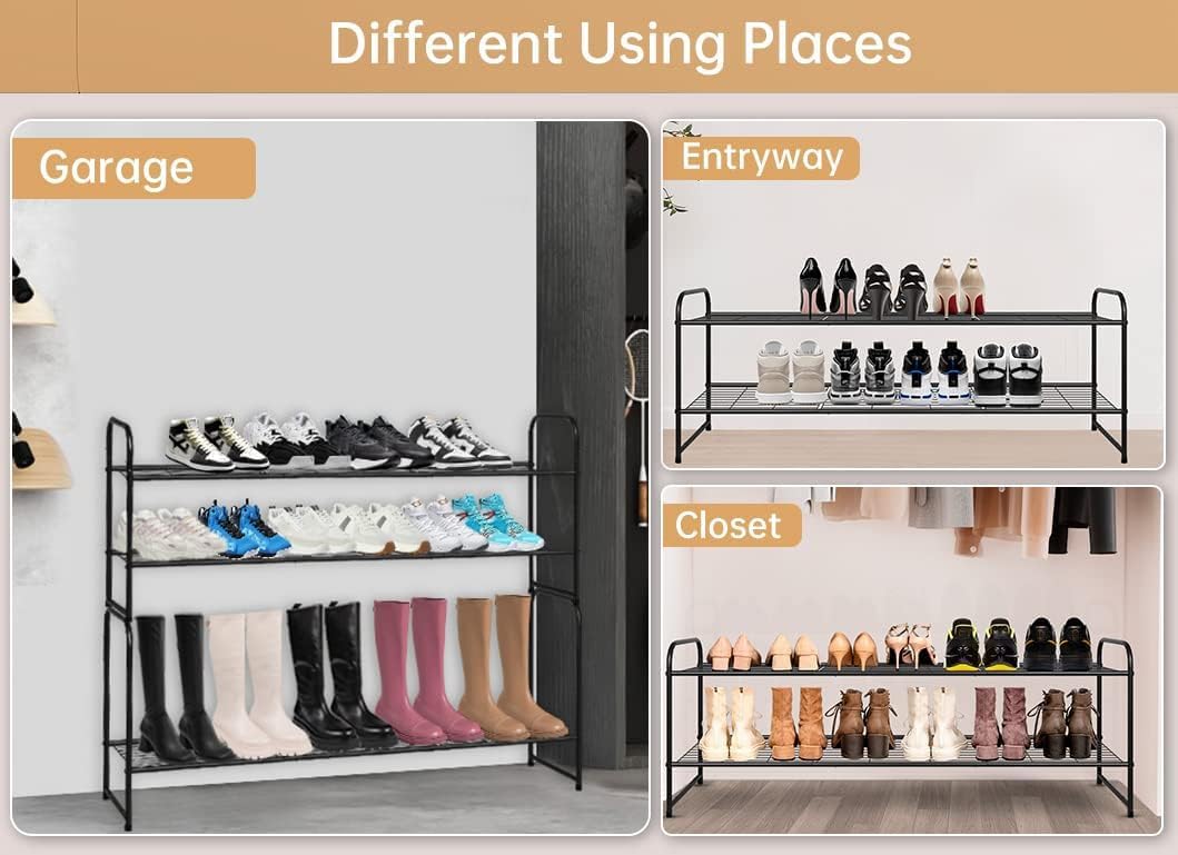 KEETDY 3-Tier Long Shoe Rack for Closet Metal Shoe Organizer for Entryway, Wide Stackable Shoe Storage Shelf with Sturdy Wire Grid for Closet Floor, Bedroom, Black