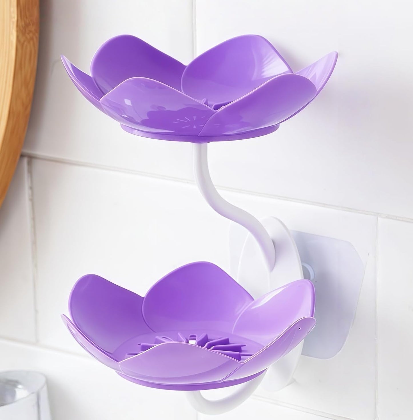 Soap Dish Holder for Shower Bar Double Layer Cute Lotus Shape Adhesive Tray Sink Wall Mounted Shampoo NO-Drilling Self Draining Hanging Saver Rack Plastic Bathroom Bathtub Kitchen，Pink