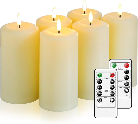 Flameless Candles Battery Operated with Remote and 2/4/6/8 H Timer, 6pcs Flickering Fake Electric Candles for Festival Wedding Home Party Decor (D3 x H 6") (White)