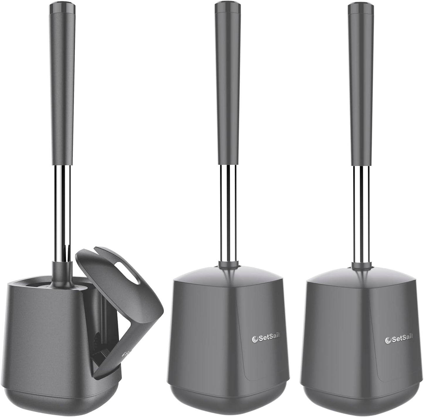 SetSail Toilet Brush and Holder, Self Closing Lid Toilet Bowl Brushes Holder and Extra Long Handle Ventilated Toilet Brush Set for Bathroom Cleaning, Nylon Bristles, Black