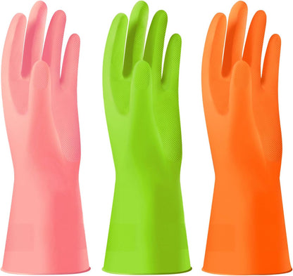 Alimat PluS 3 Pack Reusable Cleaning Gloves Latex Free, Dishwashing Gloves with Cotton Flock Liner and Embossed Palm, Waterproof Household Gloves for Laundry, Gardening (Medium)