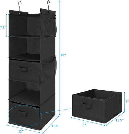 MAX Houser 4-Shelf Hanging Closet Organizer, Space Saver, Cloth Hanging Shelves with 2 Side Pockets, Foldable (Beige)