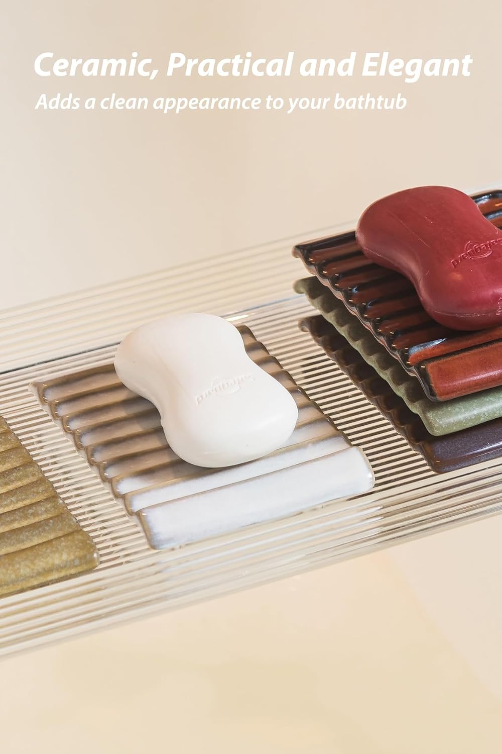 Self Draining Soap Dish, Ceramic Drain Soap Holder Waterfall Design Soap Saver for Shower, Bathroom, Sink, Kitchen and Countertop, Keeps Dry, Green