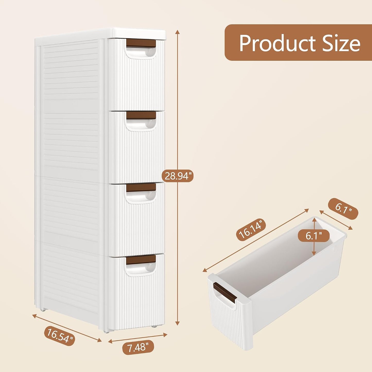 VECELO 3-Drawer Narrow Bathroom Storage Cabinet, Mobile Plastic Slim Rolling Organizer Cart with Built-in 4 Wheels for Living Room, Kitchen, Bathroom, Bedroom, Office, White(16.5" x 7.5" x 22.2")