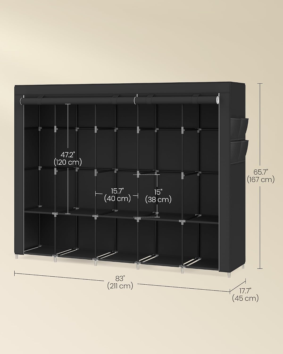 SONGMICS Portable Closet, Wardrobe Closet Organizer with Cover, 3 Hanging Rods and Shelves, 4 Side Pockets, 51.2 x 17.7 x 65.7 Inches, Large Capacity for Bedroom, Living Room, Ink Black URYG092B02