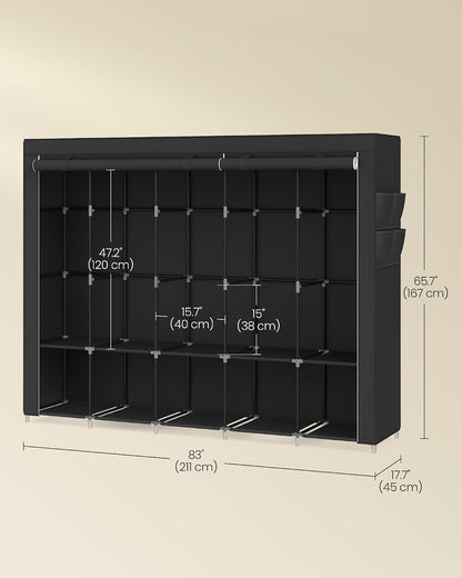 SONGMICS Portable Closet, Wardrobe Closet Organizer with Cover, 3 Hanging Rods and Shelves, 4 Side Pockets, 51.2 x 17.7 x 65.7 Inches, Large Capacity for Bedroom, Living Room, Ink Black URYG092B02