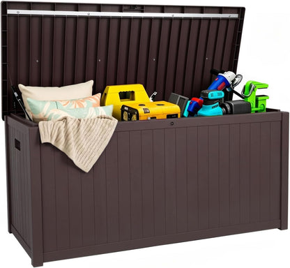 EHHLY Outdoor Storage Box Large-120 Gallon Deck Box with Hydraulic Pistons&Lockable Secure, Waterproof Resin Package Delivery Box for Outside Porch, Curbside, Patio, Home