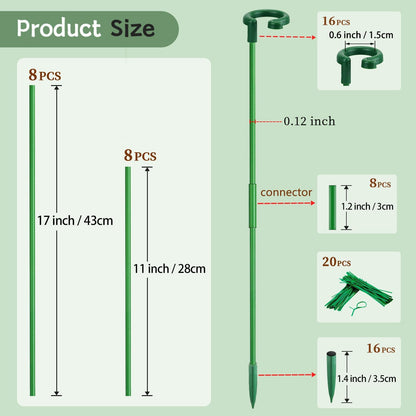 Plant Stakes 17inch &11inch SupKing Adjustable Length Plant Support Stake 16Pcs Orchid Stick with Clips for Indoor Outdoor,Garden Pole for Potted Tomato Amaryllis Vegetables Comes with 20 Ties (Green)