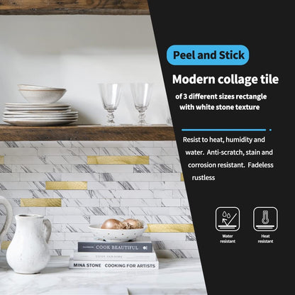 Art3d 10-Sheet Peel and Stick Backsplash Tile for Kitchen Bathroom Fireplace Laundry Room in White Slate with Gold Studded