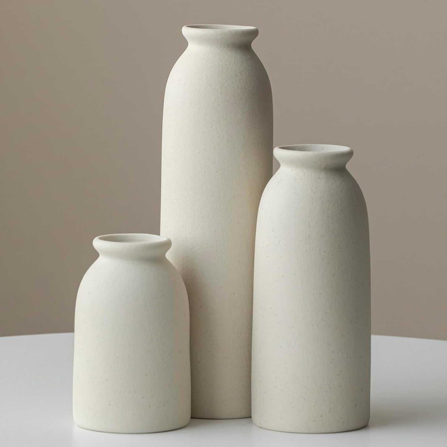Ceramic Vase Set-3, Small Flower Vases for Decor, Modern Boho Farmhouse Style, Decorative Vases for Pampas Grass & Dried Flowers, Distressed Finish (Beige)