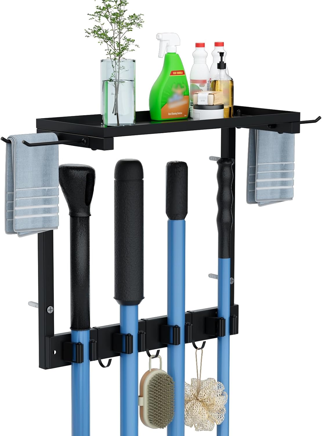 Broom Holder Wall Mount with Cleaning Supplies Organizer, Laundry Room Organization and Storage Shelves, Mop Hanger Broom Rack with Hooks, Home Improvement Kitchen Shelf Garage Organizer