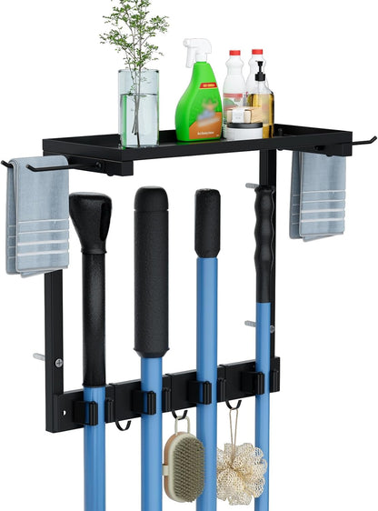 Broom Holder Wall Mount with Cleaning Supplies Organizer, Laundry Room Organization and Storage Shelves, Mop Hanger Broom Rack with Hooks, Home Improvement Kitchen Shelf Garage Organizer