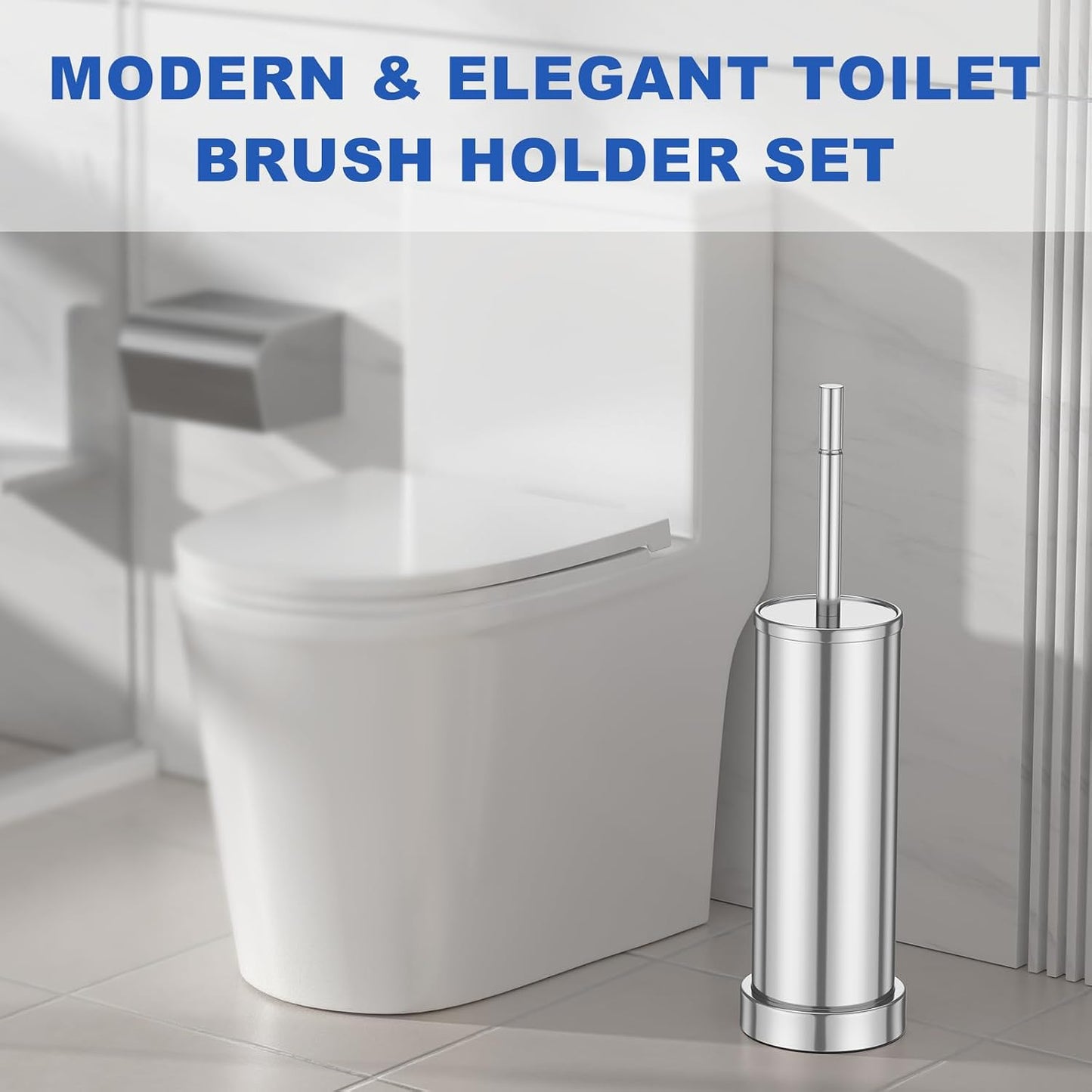 Brushed Nickel Toilet Brush and Holder Set, 304 Stainless Steel Toilet Brush for Bathroom, Heavy Duty Toilet Bowl Brush with Holder, Removable Inner Bowl and Splash Protection, Long Handle