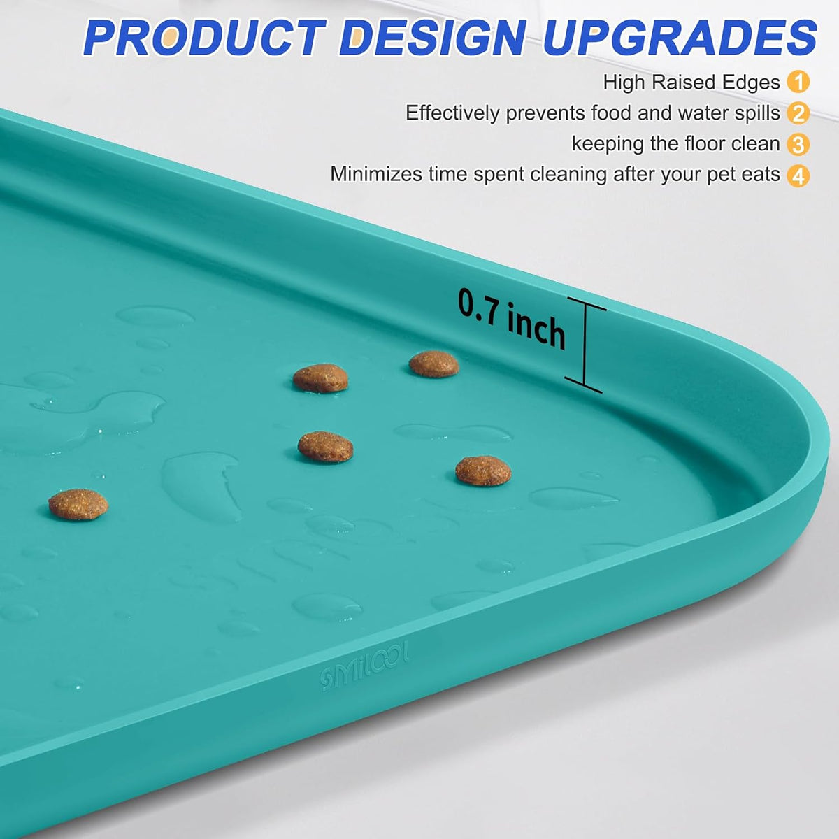 SMILOOL Silicone Pet Food Mat with Raised Edge for Food and Water Bowl, Dog Feeding Mats, Cat Food Trays for Floor Waterproof, Rubber Tray for Dogs and Cats, 19 x 12 x 0.7 Black
