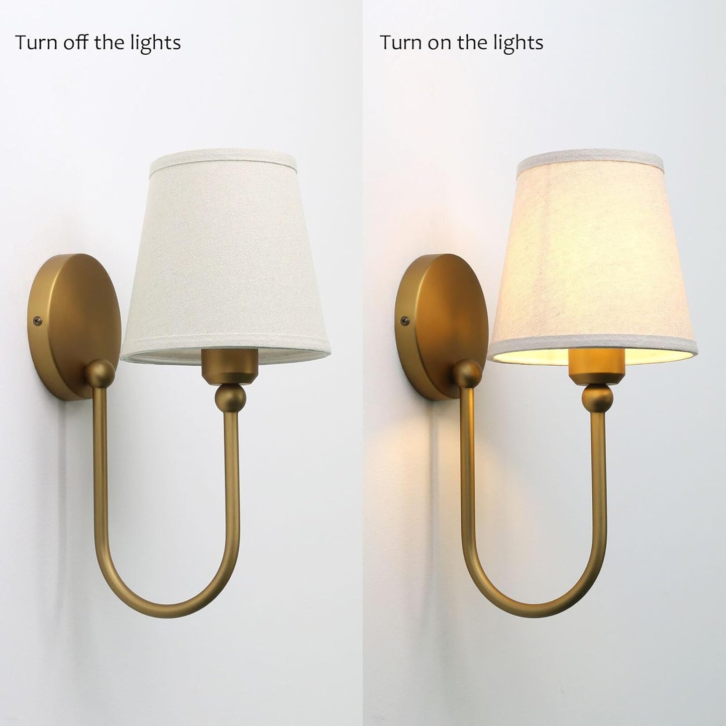 Pathson Antique Linen Fabric Wall Sconces Set of 2, Hardwired Curved Arm Bathroom Vanity Light, Indoor Wall Decor Lamp for Living Room, Kitchen, Bedroom, Foyer