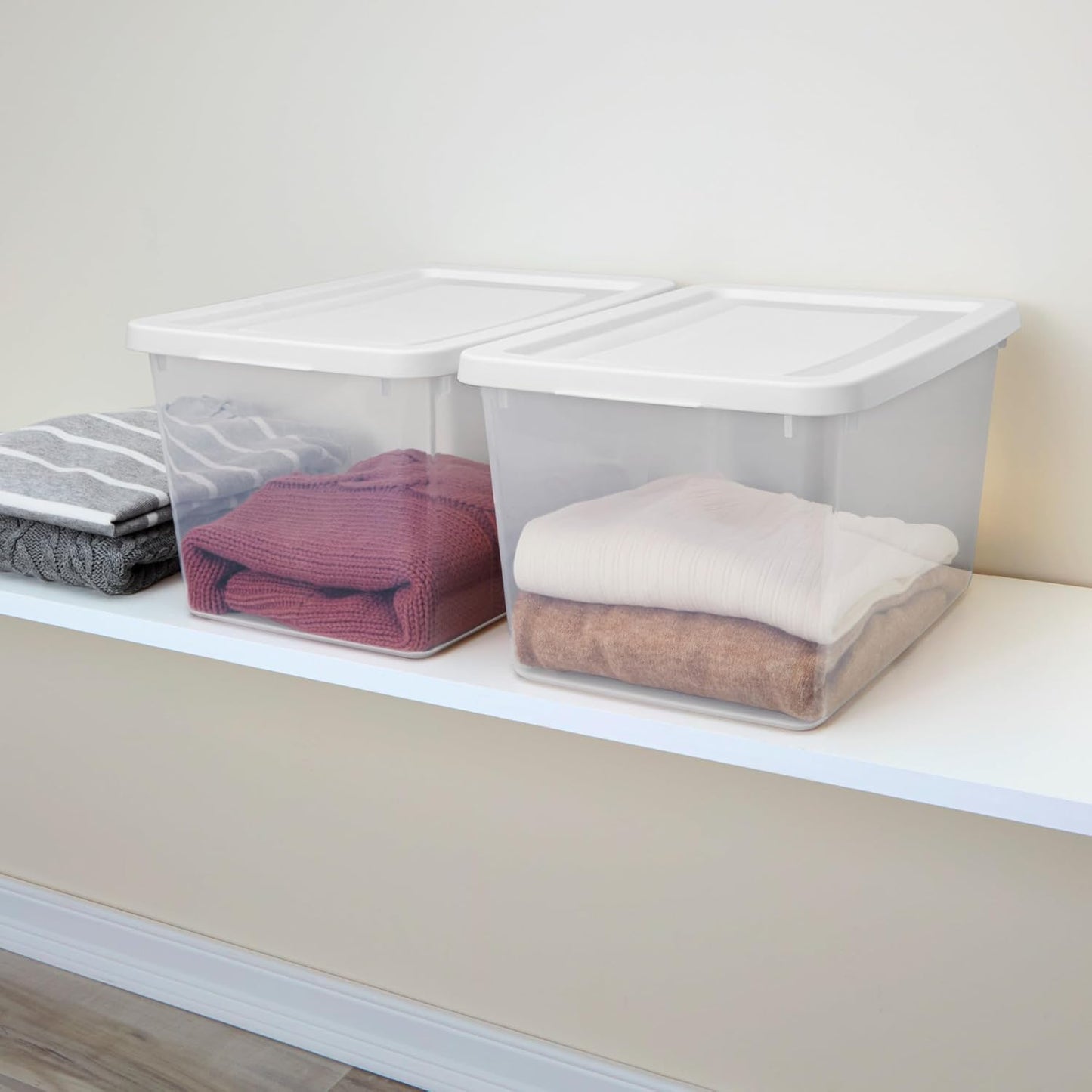 Sterilite 6 Pack Storage Box, 41 Quart Stackable Tote, Clear Plastic Container with Secure Snapping White Lids for Home and Office Organization