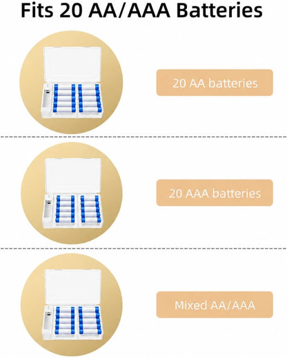 Battery Storage Organizer Box: 20 AA AAA Holder Case with Tester for Home/Office/School/Garage, Water Resistant and Shockproof, Battery Not Included