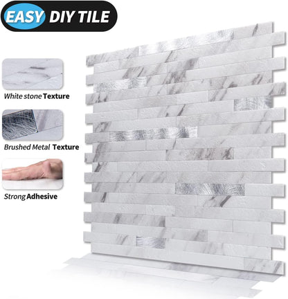 Art3d 10-Sheet Peel and Stick Backsplash Tile for Kitchen Bathroom Fireplace Laundry Room in White Slate with Gold Studded