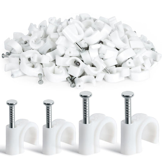 Cable Wire Clips - 100 Pcs White Cable Clips 8mm 10mm Wire Staples Wall Cables Management with Steel Nails Cord Holder for Wires, Ethernet, Cord Organization