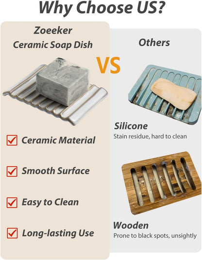 Self Draining Soap Dish, Ceramic Drain Soap Holder Waterfall Design Soap Saver for Shower, Bathroom, Sink, Kitchen and Countertop, Keeps Dry, Green