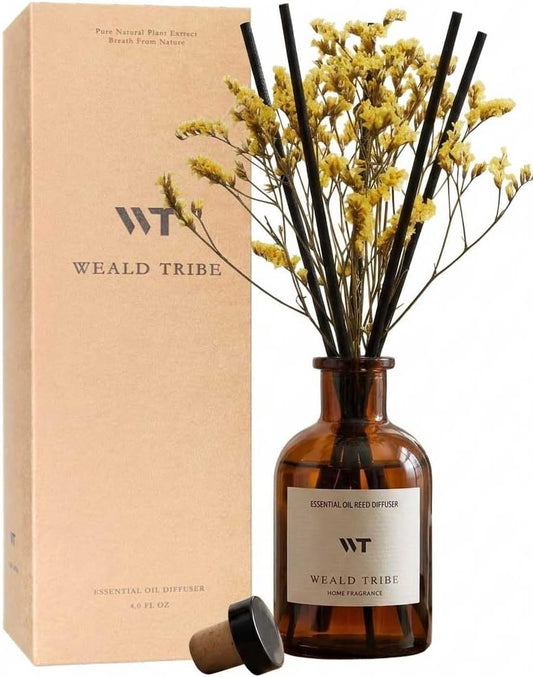 WEALD TRIBE Flower Reed Diffuser Set Eucalyptus & Lavender Scent For Bathroom Accessories Shelf Decor & Air Fresheners, Sticks Defusers With 4.0 fl oz Essential Oils, House Bedroom Office Decor & Gift