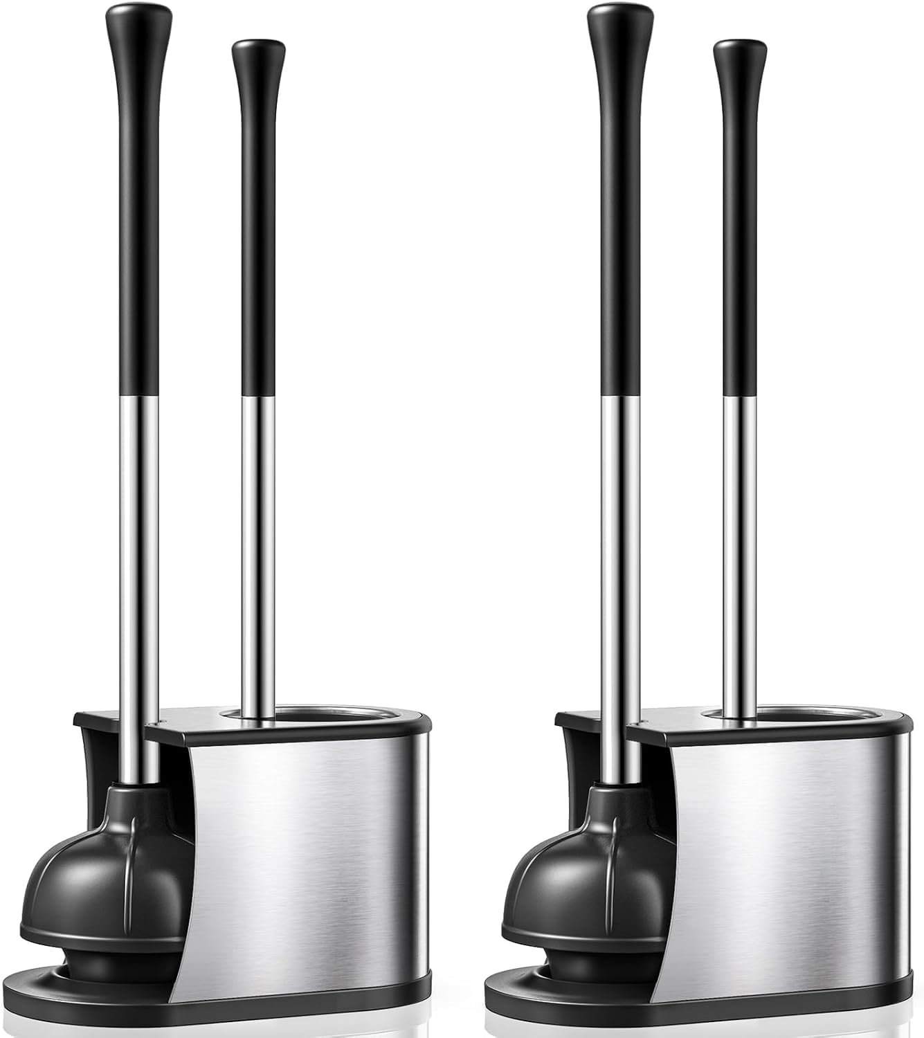 HAMITOR Toilet Plunger and Brush Set: 2 in 1 Stainless Steel Rustproof Combo with Deep Cleaning Curved Bristles - Heavy Duty Toilet Unclogging for Family Bathroom - Compact Apartment Accessories