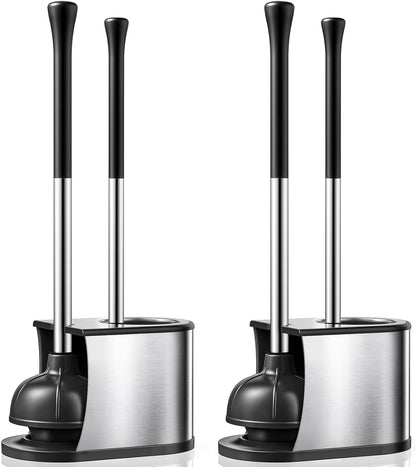 HAMITOR Toilet Plunger and Brush Set: 2 in 1 Stainless Steel Rustproof Combo with Deep Cleaning Curved Bristles - Heavy Duty Toilet Unclogging for Family Bathroom - Compact Apartment Accessories