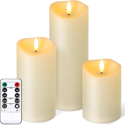 Outdoor Flameless Candles with Remote Timer - Waterproof Realistic Flickering LED Pillar Electric Battery Operated Fake Candle for Holiday Home Wedding Fireplace Decor - Ivory White 3 Pack (4”6”8”)