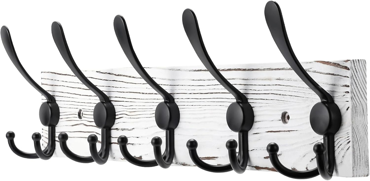 Kuhome 2pcs Coat Rack Wall Mount Wooden Hat Rack for Wall Hooks Pine Real Wood Plank 16.9" Brown Coat Hanger with 5 Triple Hooks for Hanging Coat Hat Jacket