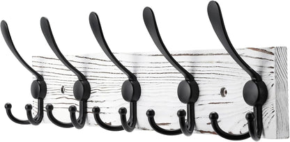 Kuhome 2pcs Coat Rack Wall Mount Wooden Hat Rack for Wall Hooks Pine Real Wood Plank 16.9" Brown Coat Hanger with 5 Triple Hooks for Hanging Coat Hat Jacket