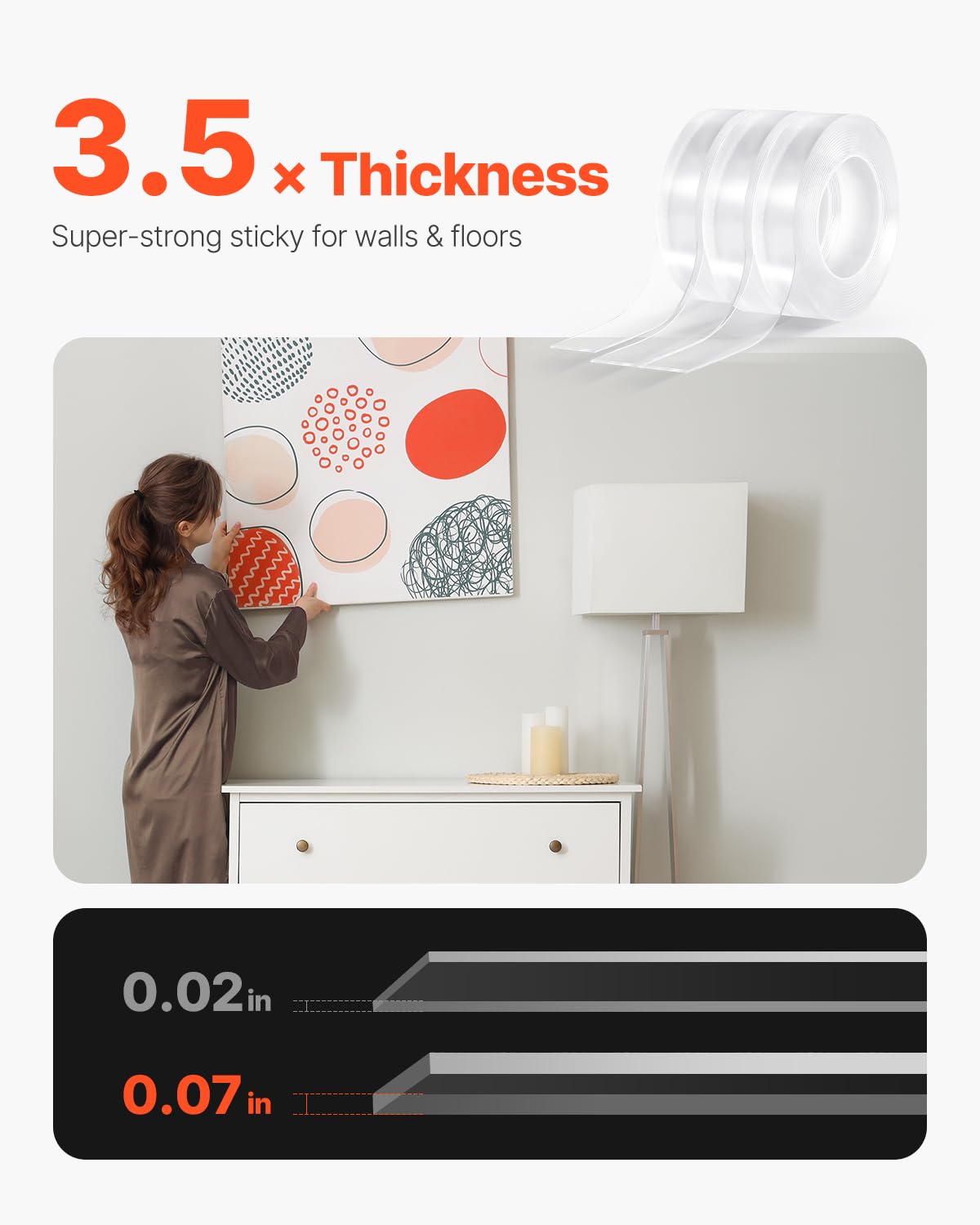 VEVOR Double Sided Tape Heavy Duty, 16 ft Long Nano Mounting Tape, Strong Adhesive & Reusable, Clear Two Sided Wall Tape, Removable Poster Picture Hanging Strips for Home, Office, Car, Outdoor Use